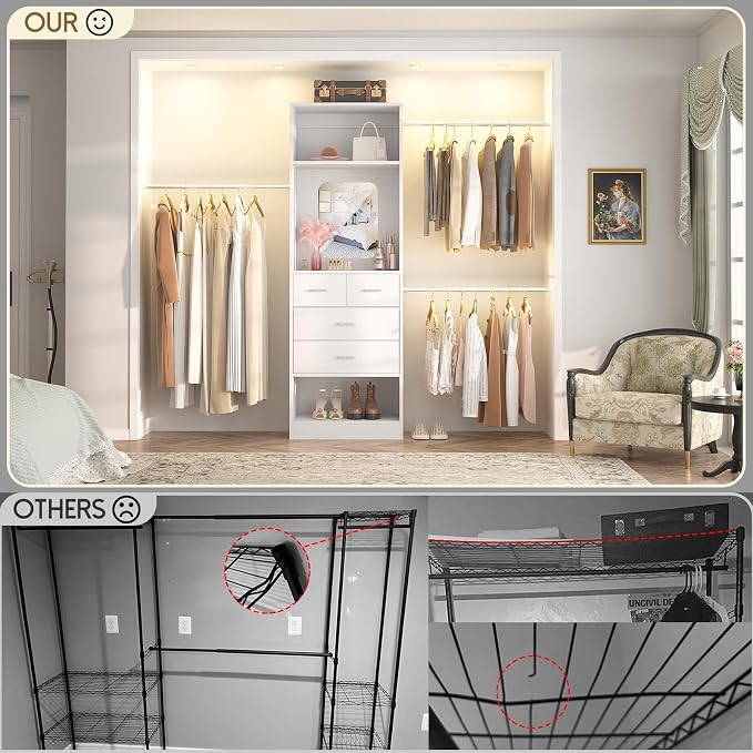 Unikito 8FT Closet System with Mirror and 3 Extendable Hanging Rods, White | 48" - 96" Walk in Closet Organizer with 4 Drawers and 25” Tower, Sturdy Wood Closet Insert, Adjustable Width, Heavy Duty