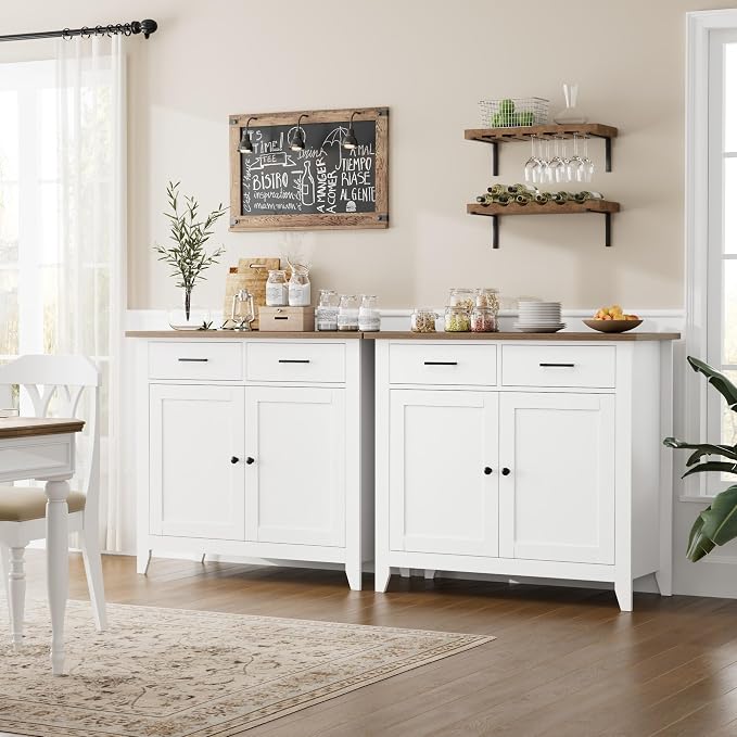 HORSTORS Farmhouse Kitchen Storage Cabinet, Small Buffet, Coffee Bar, White | Buffet Sideboard with 2 Drawers & 2 Doors, 35.8"W Coffee Table, Sapce-saving Kitchen Cabinet for Dining Living Room, Entryway