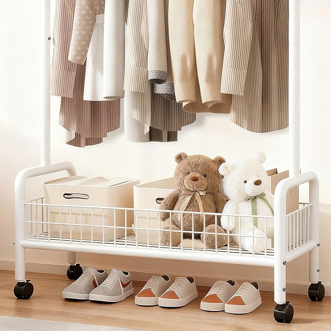 MYUPDALIN Clothes Rack with Shelves, Clothing Rack with Wheels, Multifunctional Hangers with Storage Baskets and Shoe Racks, Ideal for Bedrooms and Living Rooms