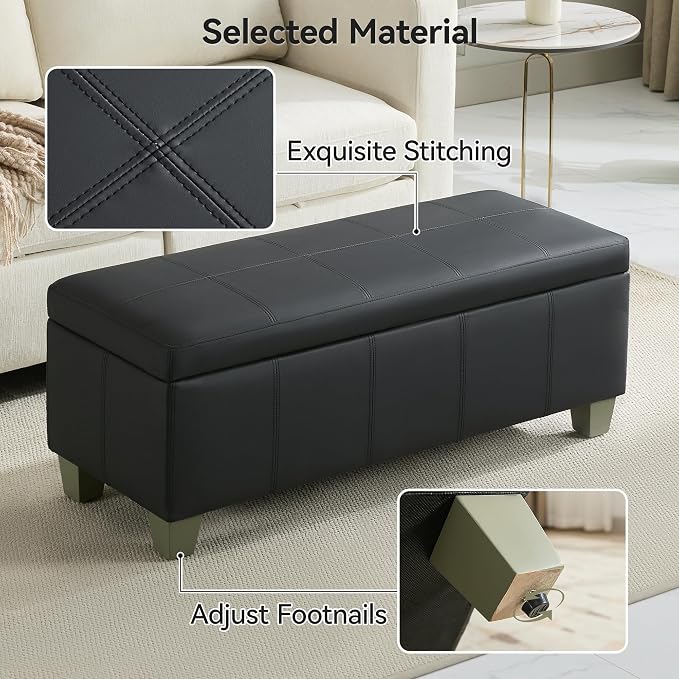 WUTUTUEE 41" Faux Leather Storage Ottoman, Stitch Tufted Rectangle Upholstered End of Bed Storage Bench, Entryway Large Couch Ottoman with Wooden Legs, Dark Black