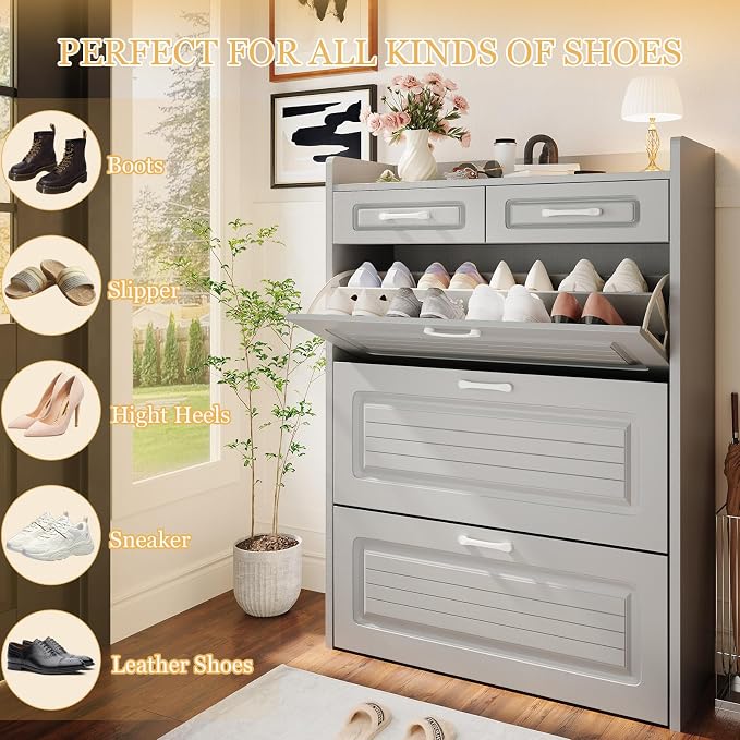 ODUWA Shoe Cabinet with 3 Flip Drawers and 2 Storage Drawers, Shoes Organizer Cabinets with Adjustable Divider, Hidden Shoe Storage Cabinet for Entryway, Hallway, Living Room, Light Grey