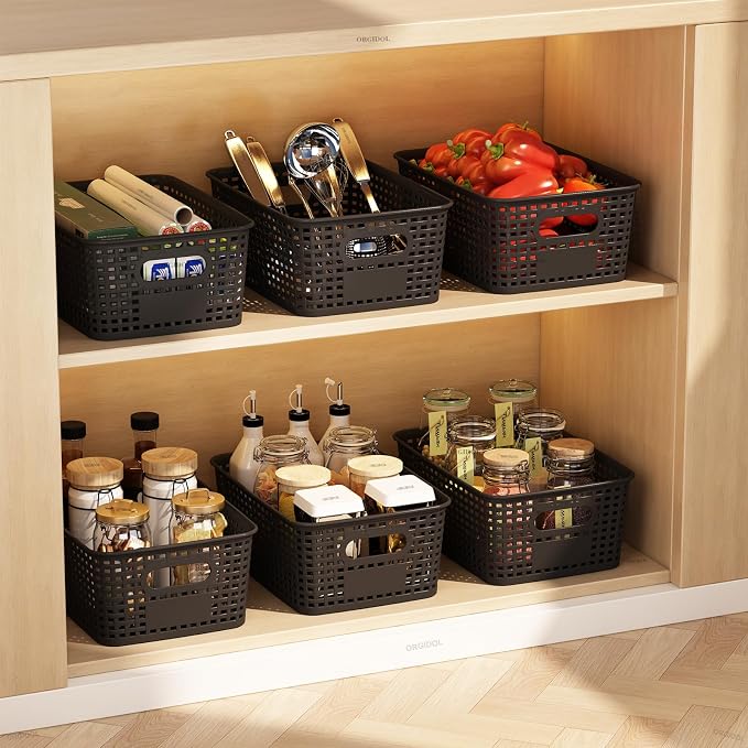 ORGIDOL Plastic Storage Basket with Lids 12 Pack Stackable Black Storage Bins Containers with Lid, Decorative Storage Boxes for Organizing Shelves, Drawers, Playroom, Classroom, Office, Closet
