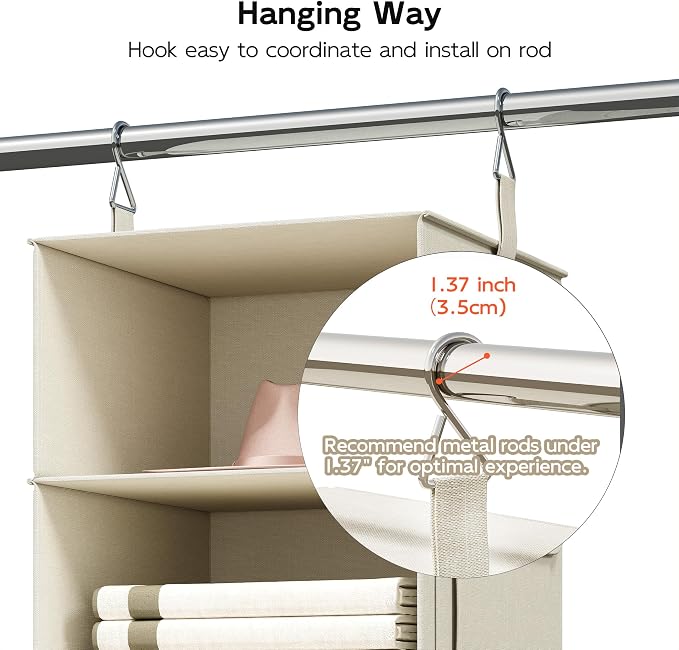 Vailando 3-Shelf Hanging Closet Organizer, Set of 2 Hanging Shelves with 2 Drawers for Wardrobe, Nursery, Baby Clothes Storage and Organization, Beige