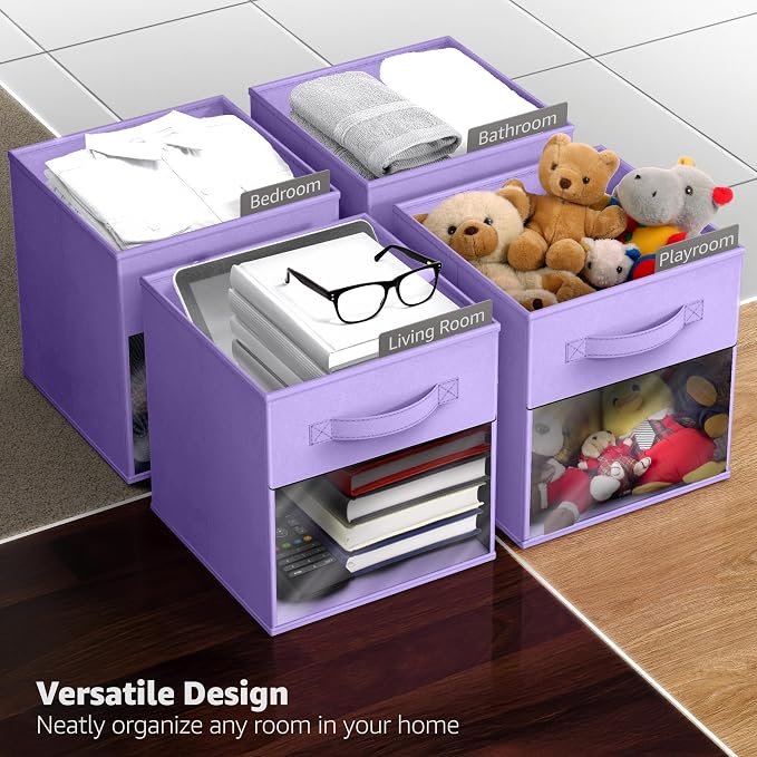 Sorbus 13 Inch Storage Bins with Clear Window - 6 Foldable Baskets for Organizing Clothes, Toys, Books - Sturdy Collapsible Fabric Storage Cubes with Handle - Storage Baskets for Shelves, Closets