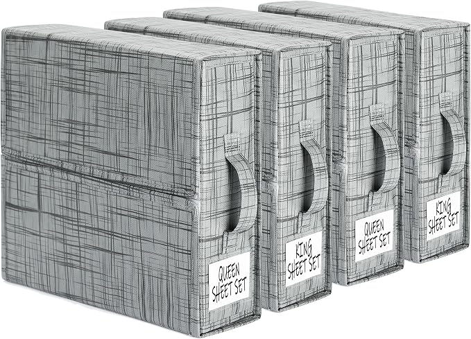 SUOCO SheetCube Bed Sheet Organizers and Storage 4 Pack, Foldable Linen Closet Organizer, Bedding Folder Storage Box Container for Blanket, Duvet Cover Set, Bed Sheet Set - Pattern Grey
