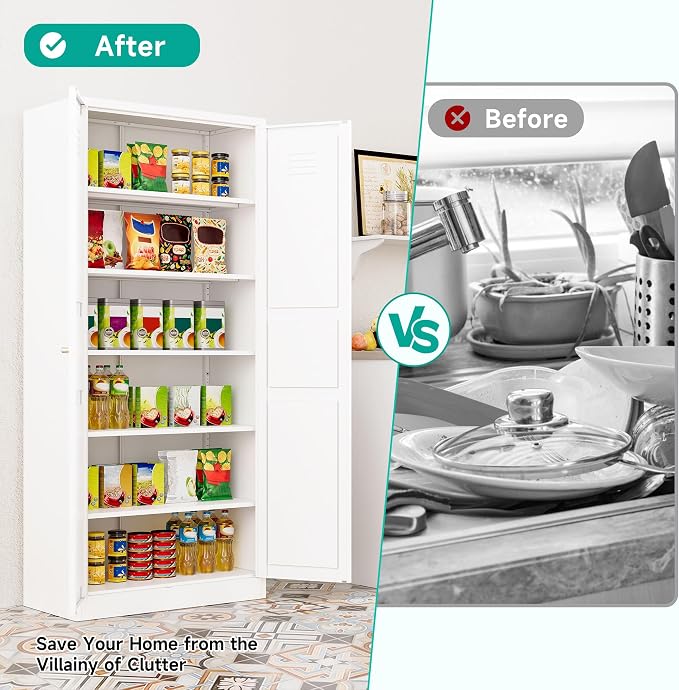 SISESOL 71" Tall Pantry Cabinet with 2 Doors and 5 Shelves,Kitchen Pantry Storage Cabinets,White Metal Storage Cabinet,Wide Deep Food Cupboard for Home,Kitchen,Dining/Living Room