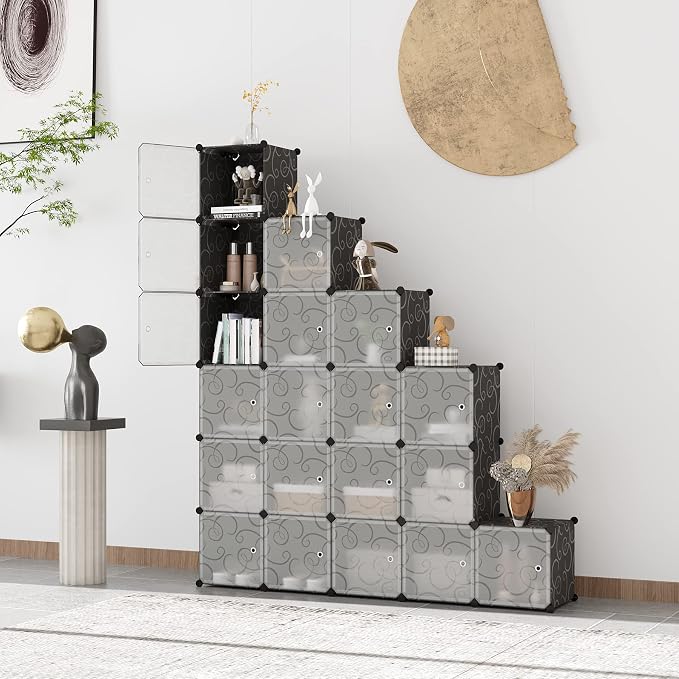 C&AHOME 20-Cube Storage Organizer with Door Platic Closet Organizer Black | Modular Bookshelf, Storage Shelving, Portable Shelves Organizing Units Ideal for Bedroom, Home 48.4" L × 12.4" W × 60.6" H