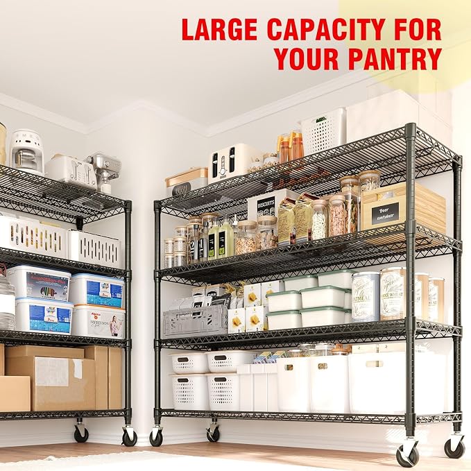 Garvee 71.8"H Metal Shelving with Wheels, 4-Tier Storage Shelves Heavy Duty | 2560LBS, Adjustable Wire Shelving Units, Rolling Steel Shelves for Garage Kitchen Industrial Pantry, 59" Wx17.7"D, Black
