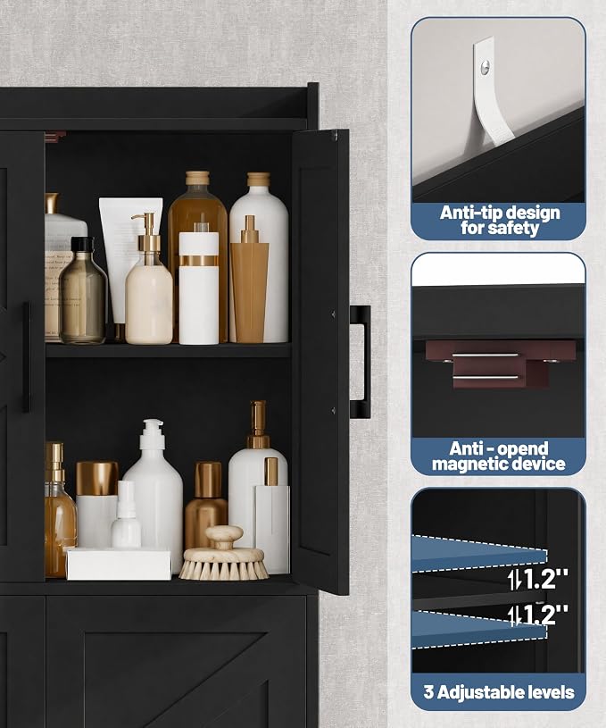 Akxomel Tall Bathroom Floor Cabinet with 6 Barn Door 60.2''H Pantry Black | 11.6''D x 22.6''W Linen Storage Cabinet with Adjustable Shelves, for Kitchen, Living Room, Entryway