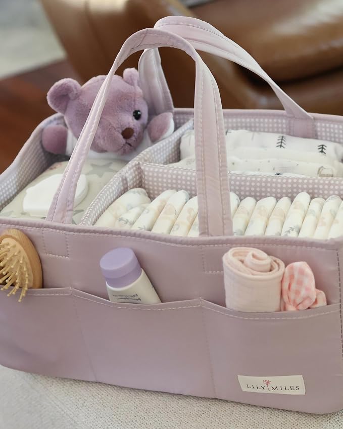Baby Diaper Caddy Organizer, Wipeable Diaper Organizer Basket with 8 Pockets for Newborn Essentials, Baby Shower Gifts, Nursery Tote Bag for Changing Table or Car (Rosy Lilac, Large)