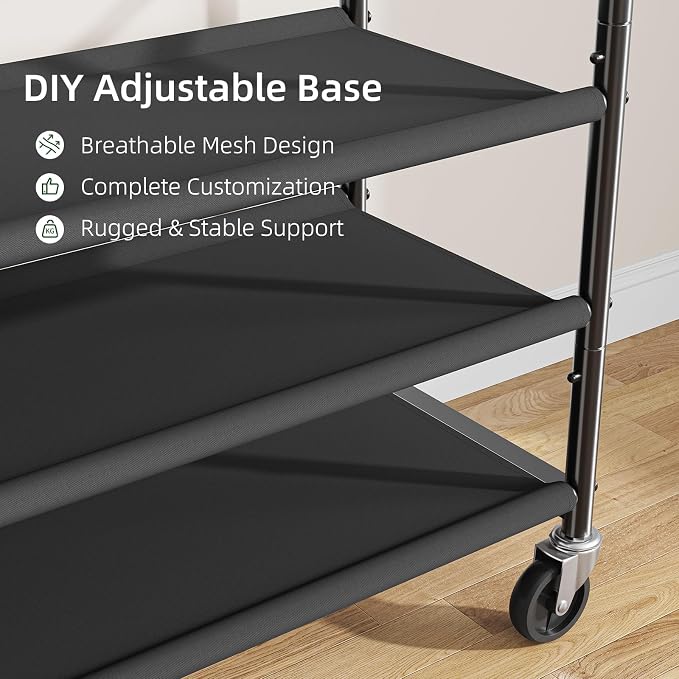 Ekisemio Double Rods Clothes Rack for Hanging Clothes, Rolling Clothing Rack with Wheels, 3-Tier Hanging Rack with Mesh Shelves, Holds 300 LBS for Bedroom, Laundry, Living Room, Black
