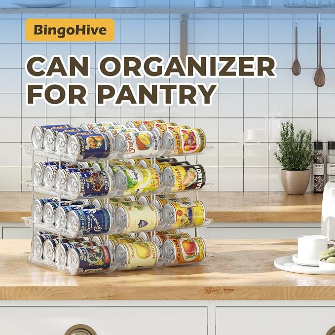 Can Organizer for Pantry Stackable 4 Tiers Can Storage Organizer Pantry Soda Can Organizer for Fridge 48 Cans Rack Automatic Rolling Canned Food Organizer for Refrigerator Kitchen Clear