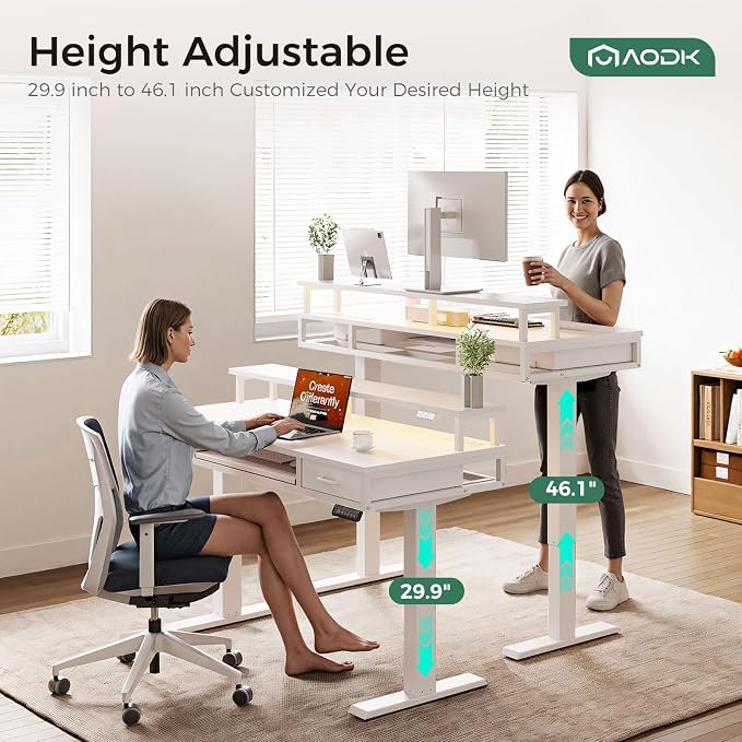 AODK 55 Inch Electric Standing Desk with Drawers & Keyboard Tray, White | 3 Outlets & 2 USB Ports, LED Lights, Monitor Stand, Cable Management Tray, 3 Memory Heights, 29.9"-46.1" in Range