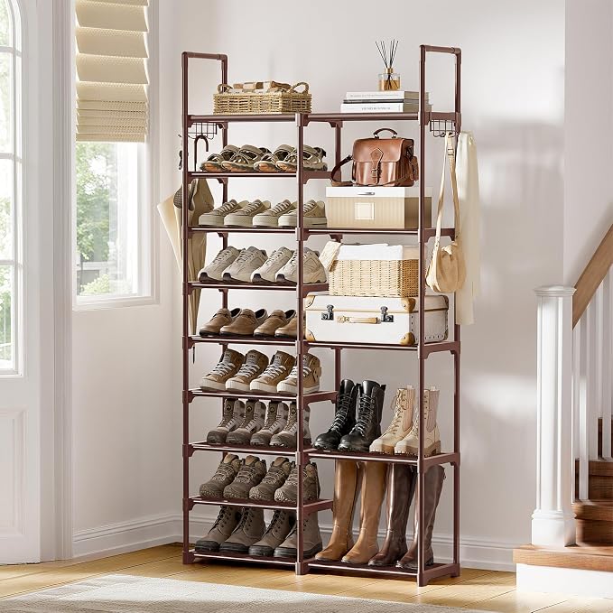 WOWLIVE 9 Tier 2-Column Shoe Rack, 30-35 Pairs Stackable Brown | Compact 33.75in long fits narrow spaces. Removable layers for boots/heels. Split design for flexible layout.