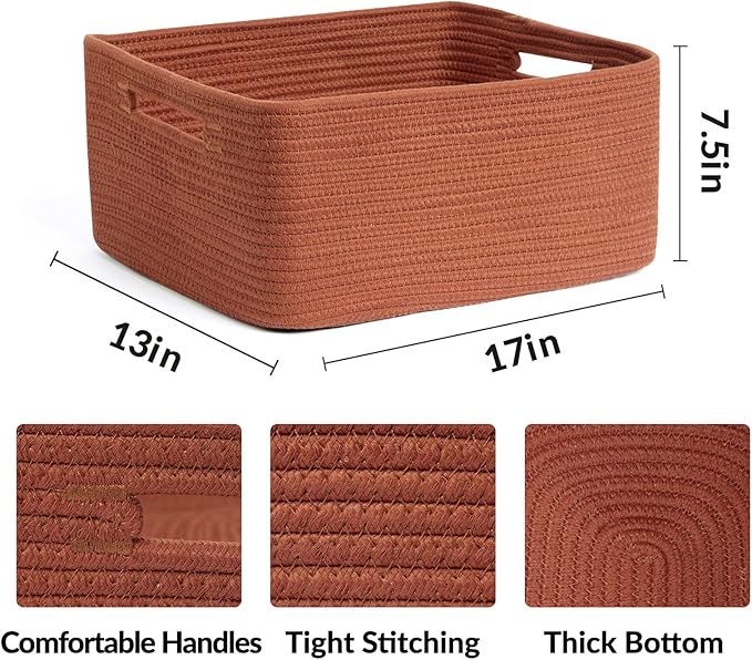 MiniArk Large Storage Baskets for Shelves, 17 x 13 x 7.5” Closet Organizers Bins for Clothes Blanket Towels, Baby Nursery, Toy Baskets Box, Woven Rope Baskets, 2 Packs Oxide Red