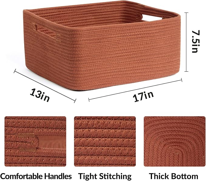 MiniArk Large Storage Baskets for Organizing, 17 x 13 x 7.5” Closet Shelf Baskets for Clothes Blanket Towels, Baby Nursery, Toy Bins Box, Woven Rope Baskets, 4 Packs Oxide Red