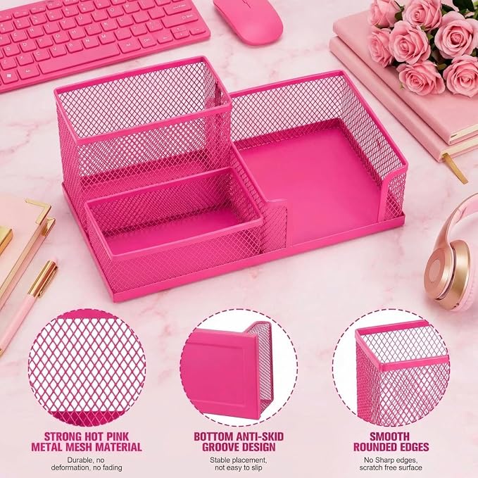 Ferraycle 4 Pcs Mesh Desk Organizer 3 Compartments Mesh Pen Holder Sticky Notes Pencil Holder Metal Caddy Desk Pen Organizer for Desktop Accessories Storage Baskets Home Office School(Pink)