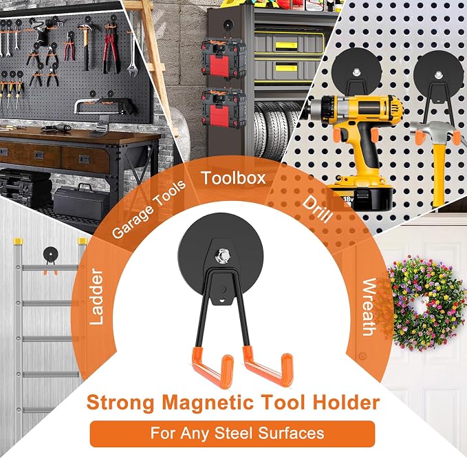 ENUODA Strong Magnetic Hooks Heavy Duty Neodymium Magnet Tool Holder Large Magnet Garage Hooks for Hanging Broom, Mop, Shovel, Drill, Toolbox, Locker, Container, Tool Chest, 2PCS