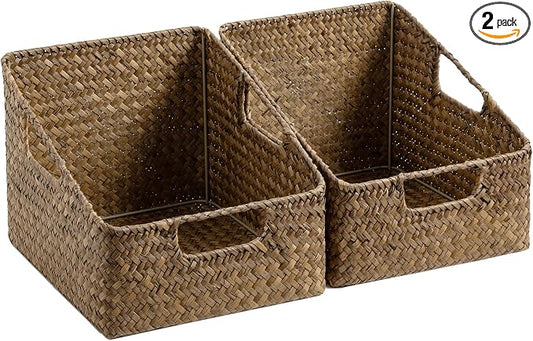 StorageWorks Pantry Baskets for Organizing, Wicker Baskets with Handles, Seagrass Storage Basket for Shelves, Woven Baskets for Pantry Storage, Brown, 2-Pack