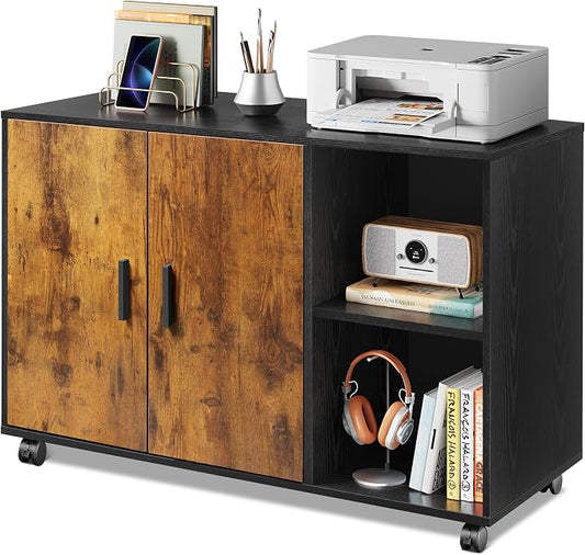 DEVAISE Office Storage Cabinet, Lateral Printer Stand, Rustic Brown | Doors and Shelves, Mobile File Cabinet, Large Office Supplies and Craft Storage