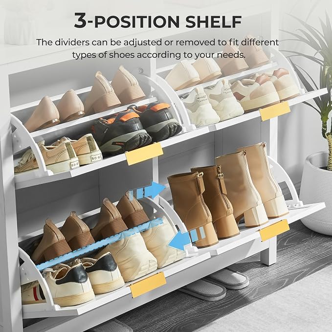 Shoe Cabinet with 4 Flip Drawers, Narrow Entryway Rack, White | Slanted Wood Grain, Freestanding, Adjustable Compartments, Removable Middle Shelf, Metal Handles, for Hallway Foyer Entrance