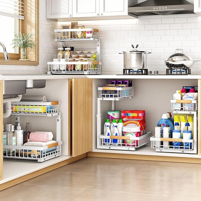 PXRACK Under Sink Organizer, Adjustable Height, 2 Tier Pull Out Under Cabinet Organizer, Slide Out Thickened Metal Under Sink Storage for Kitchen Bathroom Laundry Pantry Cabinet, White, Large-1-Pack