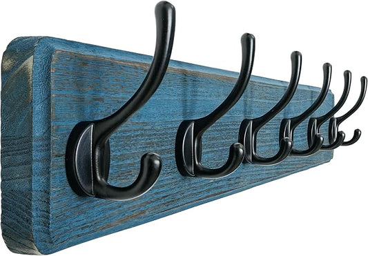 Coat Rack Wall: 24" Long, Patented, Heavy-Duty, 6-Double-Hooks Wooden Wall Mounted Coat Rack Coat Hanger Hook Rail for Winter Coats Hat Jacket Clothing, Weathered Blue
