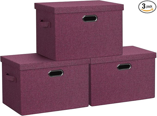 Storage Bins with Lids Fabric Closet Organizers Cubes Office Organization | 36 Quart 3 Pack Purple Collapsible Stackable Linen Fabric 4 Handles Bedroom Closet Cabinet Under Bed Clothes Toy Office File