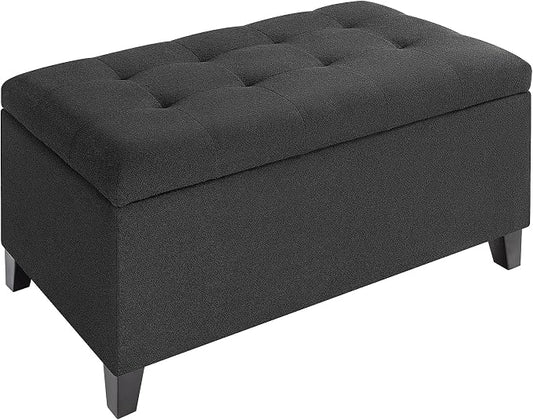Storage Ottoman Bench, Tufted Fabric Upholstered End of Bed Bench with Safety Hinge Wooden Legs, for Entryway Bedroom (Cotton and Linen Black, 33.3")