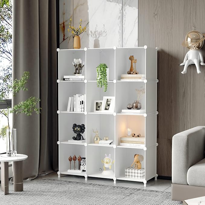 AWTATOS 12 Cube Storage Organizer, Closet Organizer Storage Shelves, White | Portable Closet Organizers, DIY Stackable Storage Cubes Shelves Bookshelf, Plastic Clothes Shelving for Home, Bedroom