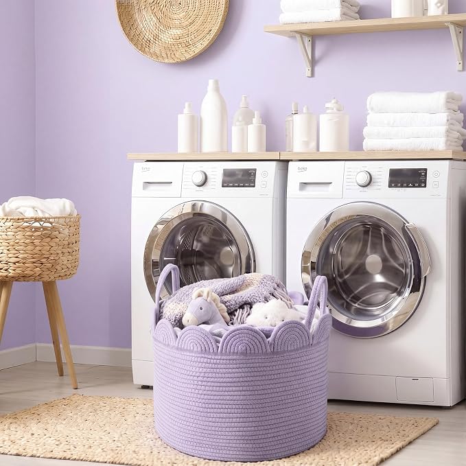 LemonRoad Lavendor Purple Round Basket Large Blanket Basket 16'' x 14" Scalloped Woven Baskets Cotton Storage Baskets for Nursery Classroom Closet Blankets Storage Home Decor