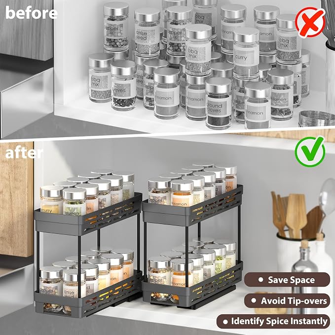 Pull Out Spice Rack Organizer for Cabinet, 3 Packs Slide Out Spice Racks Organizer, Spice Cabinet Organizers, Cabinet Size Need:12'' Highx11'' Deepx5'' Wide,Each Tier Hold 10 Spice Jar - 2 Tier, Black