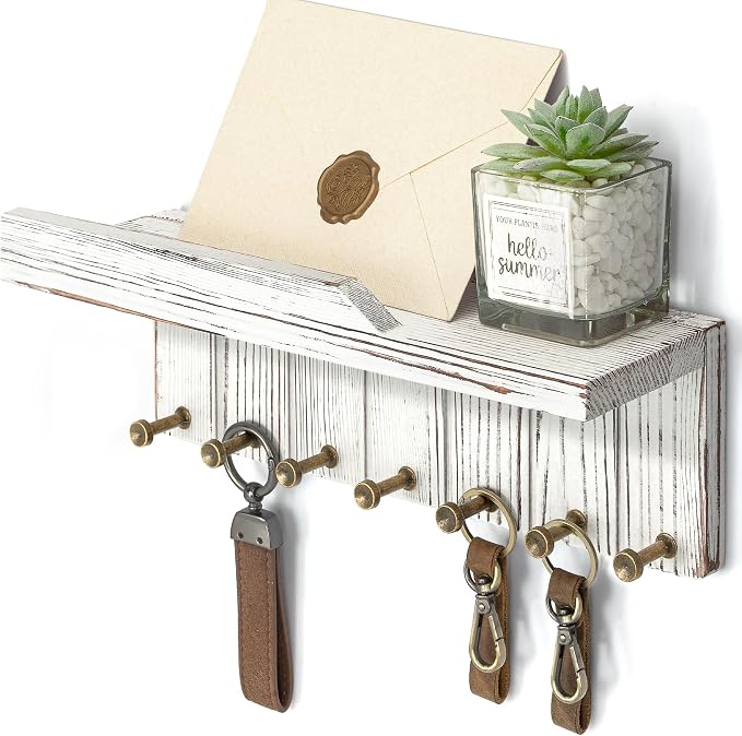 Rebee Vision Key Holder Wall Mount with 7 Hooks for Room Decor, Whitewash | Key and Mail Holder for Wall, Floating Shelf, Plant Display, Mail Organizer, Compact Home Storage, Home Storage Essentials