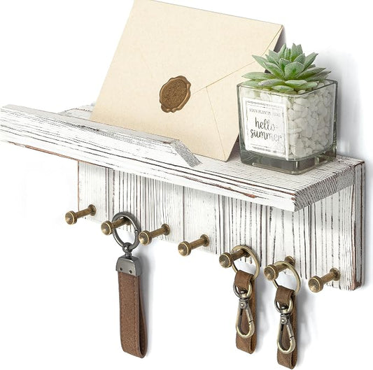 Rebee Vision Key Holder Wall Mount with 7 Hooks for Room Decor, Whitewash | Key and Mail Holder for Wall, Floating Shelf, Plant Display, Mail Organizer, Compact Home Storage, Home Storage Essentials