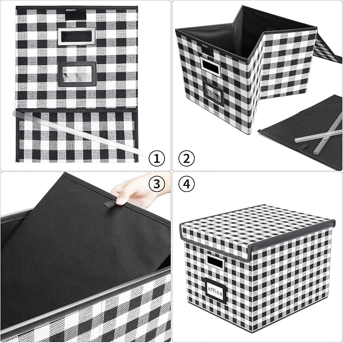File Organizer Box with Lids, Collapsible File Folder Organizer | File Box with Plastic Slides for Document, Filing Bin for Letter Size Hanging File Folders (1 Pack, Black & White Lattice)