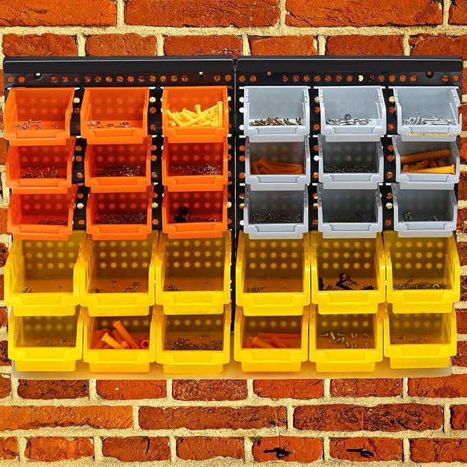 30-Bin Wall Mounted Storage Bins Kit, Tool Organizer Rack, Garage Hardware Organizer, Parts Storage Bins, DIY Combination 4 Set (Grey & Orange & Yellow Type)