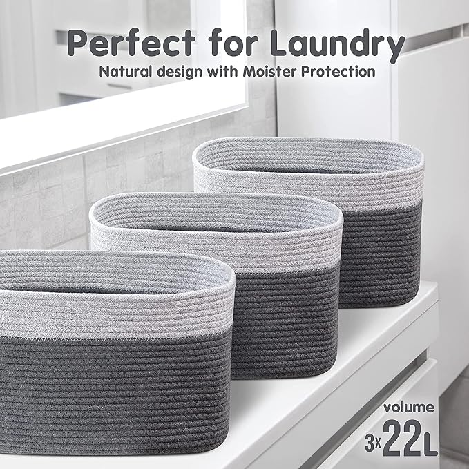 CHAT BLANC Cotton Rope Baskets for Organizing I Storage Baskets for Shelves | Rope Basket for Storage, Small Laundry Baskets, Woven Baskets for Storage, Dog Toy Bin, Baby Basket, Gray & Graphite 3Pack