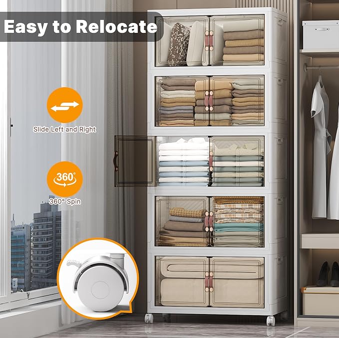 UAMFURI Stackable Storage Bins, 560QT Collapsible Drawers with 1 Lid | Large Capacity, Magnetic Door, Stack Lock, Rolling Wheels, Foldable Design, Organizers and Storage for Bedroom Dorm Garage