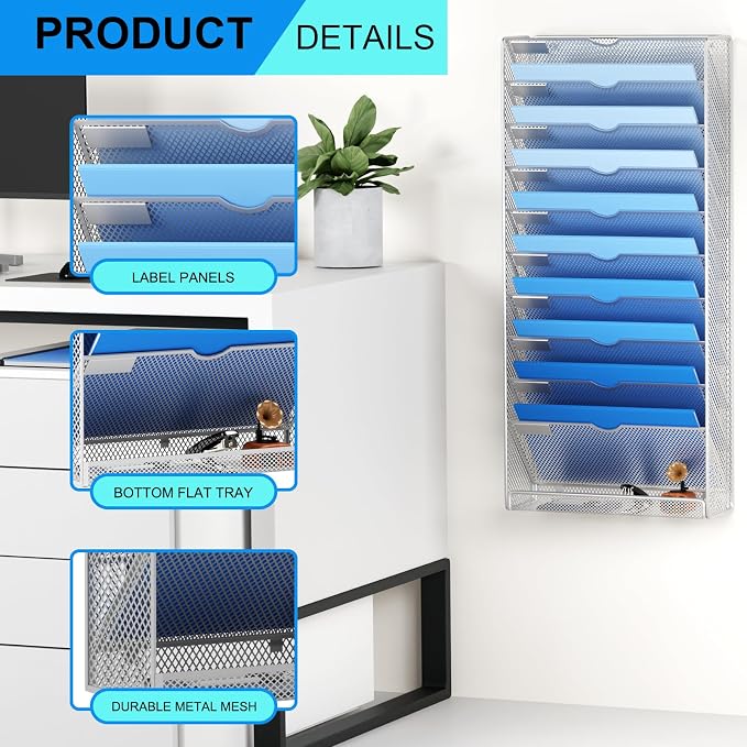 Hanging Wall File Organizer 10 Tier Wall Mounted File Holder Document Wall Organizer Magazine Organization for Office Home, Silver