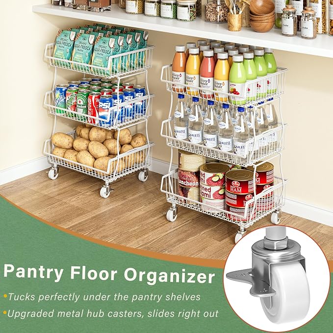 OKZEST Pantry Organizers and Storage Cart with Upgraded Metal Hub Casters | Fits under pantry shelf, Stackable fine-mesh wire baskets, 3-Tier rolling cart holds drink, snack, can, potato, onion, fruit