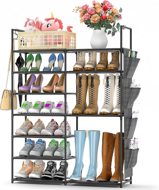Kottwca 7 Tiers Shoe Rack Metal Shoe Organizer for Entryway Closet, 24-28 Pairs Stackable Shoe and Boots Shelf Storage Cabinet with Hooks and Side Hanging Pockets for Bedroom, Garage, Black