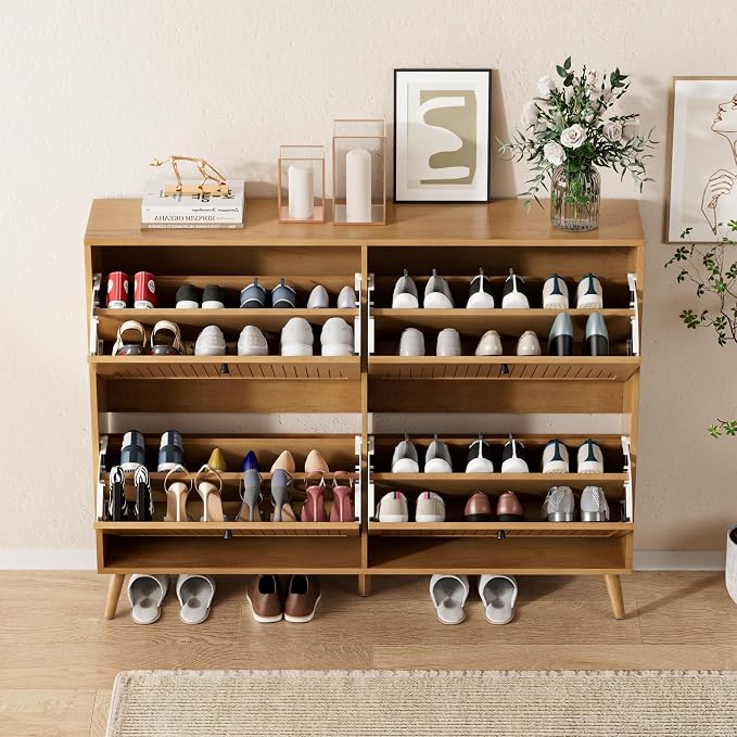 Fsbecl Shoe Storage Cabinet for Entryway with 4 Fluted Flip Drawers, Oak | Narrow Design, Freestanding Shoe Rack with Adjustment Shelves, Wooden Hidden Organizer for Hallway Foyer, 16-24 Pairs