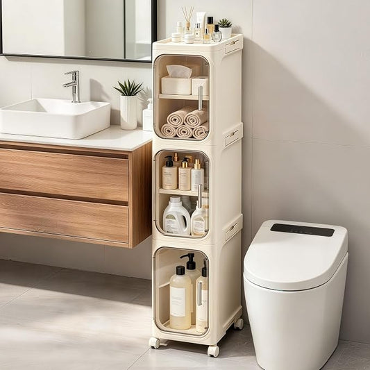3-Tier Slim Narrow Bathroom Storage Cabinet, Cream White | Tool Free Assembly, Adjustable Shelves, Fits for Narrow Spaces, Reinforced Stability, Magnetic Clear Door