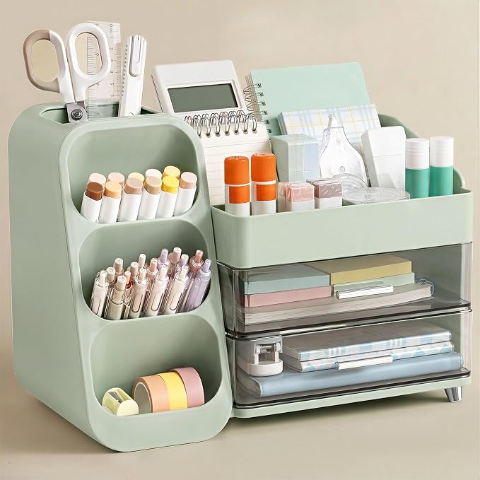 HBlife Desk Organizer with Pen Pencil Holder for Desk, Pen Organizer with 2 Drawers, Desk Organizers and Accessories with 4 Compartments, Desktop Storage for Office Home School Art Supplies, Green
