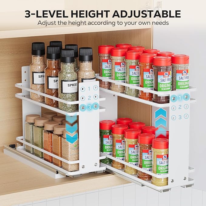 Nieifi Pull Out Spice Rack Organizer, 2 Tiers, White | Spice Organization for Cabinet, Height Adjustable, Easy to Install