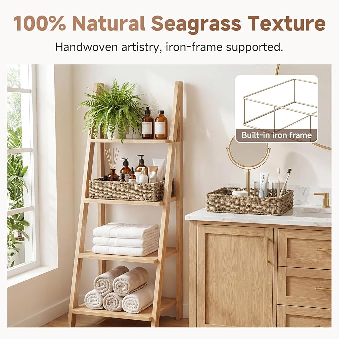 StorageWorks Large Seagrass Tray for Bathroom, Seagrass Storage Baskets for Shelves, Handwoven Natural Wicker Baskets for Organizing, 2-Pack | Handwoven Seagrass Trays for Decor & Organizing, Shallow Rectangle Wicker Tray for Coffee Table, Living Room,...