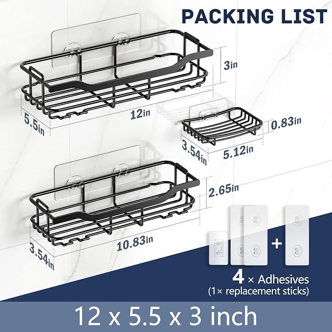 OMAIRA 3-Pack Shower Caddy with Soap Holder, Adhesive Rustproof No-drill Strudy Loading Inside Shower Organizer Shelves Rack Storage Bathroom Organization for Smooth Wall Glass Tile, Black (XX-Large)