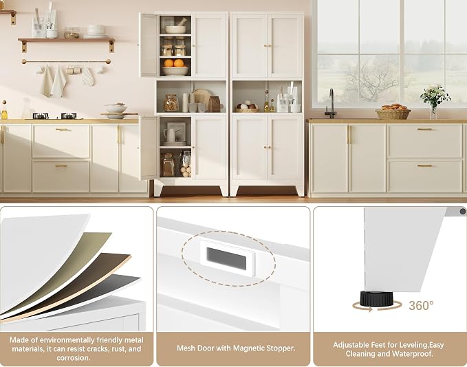 69" H Kitchen Hutch Cabinet with Storage,White Metal Storage Cabinet,Microwave Cabinet,Kitchen Pantry Cabinet with Countertop