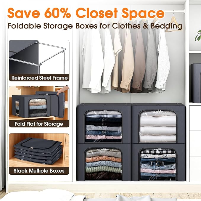 6 Pack Clothes Storage Bins with Metal Frame,40L Storage Bags Fabric Box Organizer with Clear Window,Zippers,Sturdy Handles(6 Pcs,Light Grey,40L)