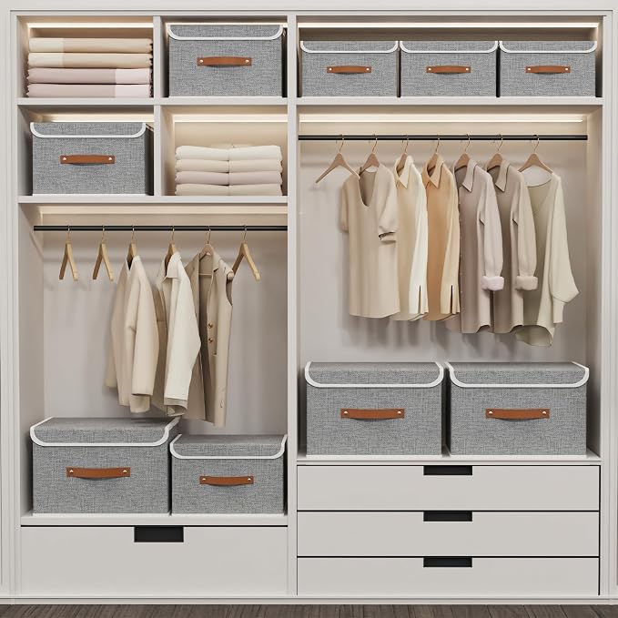 Yawinhe Collapsible Storage Bins,Grey,13.0x9.0x7.9in,7-Pack | Fabric Storage Box with Lids, Washable Cube Organizer Basket; Fabric Container with Leather Handle,Closet Organizer for Home